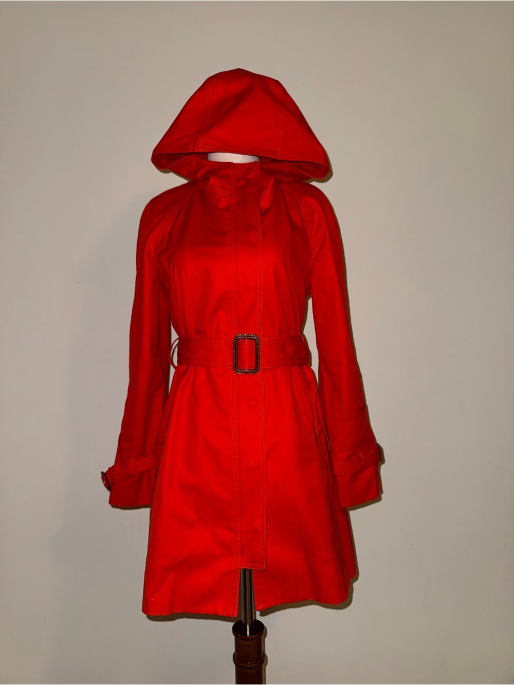 J. Crew Red Hooded Belted Trench Coat